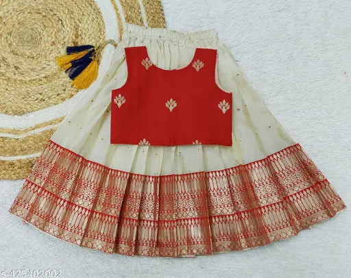Baby Girls Blue Art Silk Lehenga Choli & Pattu Pavadai - Traditional Indian wear, jacquard silk with cotton inner, ready-to-wear, 6-8 years size, paired with cute accessories for family functions or special occasions. Made in India