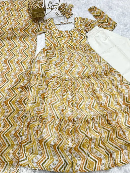 Yellow Anarkali set with flair, heavy pure soft fox georgette zigzag print, full lining and canvas patta attached. Includes dupatta with border triangle lace work and shawl style dupatta, perfect for haldi ceremony. Indian wedding wear from Meesho