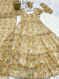 Yellow Anarkali set with flair, heavy pure soft fox georgette zigzag print, full lining and canvas patta attached. Includes dupatta with border triangle lace work and shawl style dupatta, perfect for haldi ceremony. Indian wedding wear from Meesho