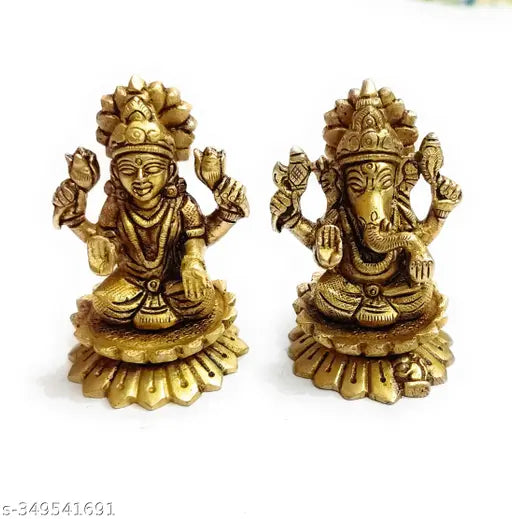 Brass Kamal Ganesh Laxmi SSF 700gm set, multicolor Hindu deity statues. Dimensions: 5cm (length) x 8cm (height) x 5cm (breadth). Decorative showpiece for home or temple. India origin
