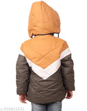 Boys winter puff jacket, white and brown stripes, hood