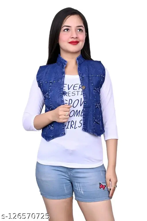Blue denim jacket, women's or girls', with attached black t-shirt
