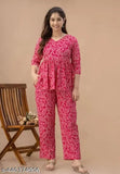 Pink premium rayon women's co-ord set (rayon top & cotton blend pants), three-quarter sleeves, trendy Indian print