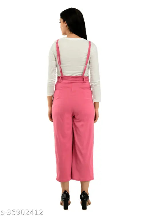 Pink cotton blend dungaree set with white t-shirt, trendy women's partywear in solid pattern, long sleeves, sizes S-XL (Bust: 34in - 40in)