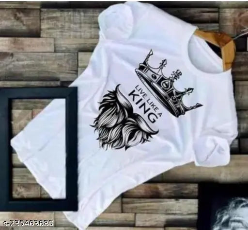 White polyester half-sleeve printed tee for men, ideal for casual wear, made in India