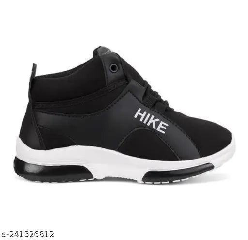 Black men's sports sneakers with white brand name, mesh side panel, and elastic tongue