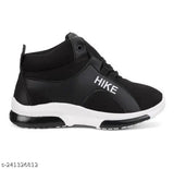Black men's sports sneakers with white brand name, mesh side panel, and elastic tongue