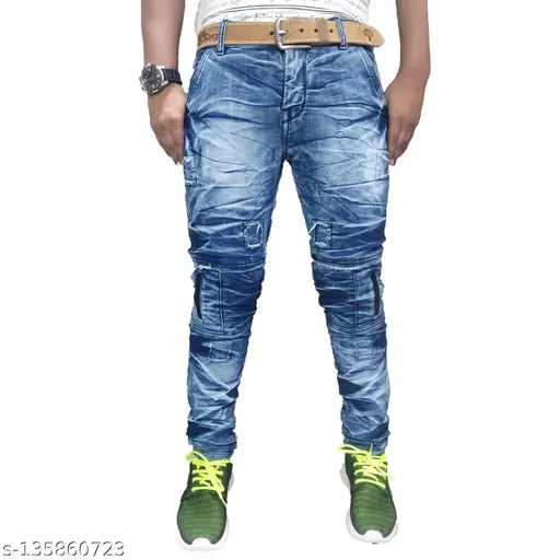 Stylish funky blue polycotton jeans for active everyday life, dyed/washed denim with comfortable pockets