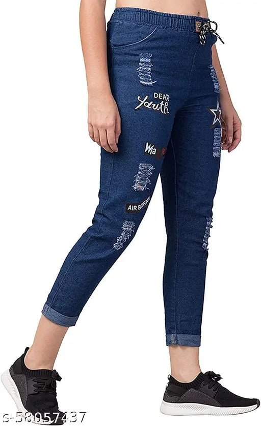 Printed denim women's joggers, stylish and comfortable, size 26/28 inches