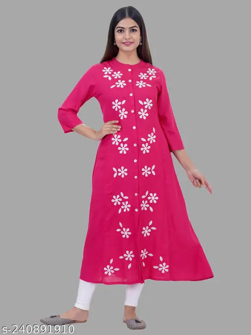 Pink Rayon Three-Quarter Sleeve Embroidered Party Kurta for Women, India origin