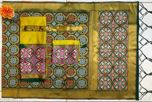Unstitched South Indian style half saree set in art silk and litchi silk zari work, featuring a choli, dupatta, and 3.75m lehenga with solid woven blouse and tussled edges, ready to ship from India