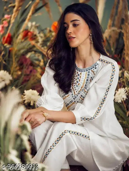 Autumn white rayon embroidered coord dress with three-quarter sleeves, co-ord set includes shrug. Indian handcrafted women's fashion wear