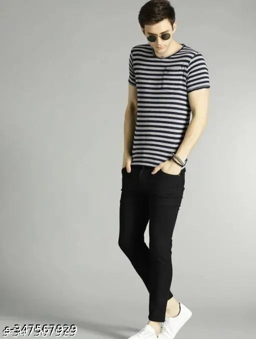 Plain black cotton jeans for men, style REU3YWK, size available: 28, 30, 32 (India)