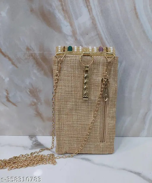 Handmade work clutch with sling mobile pouch, gold chain strap and saree hook
