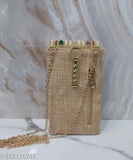 Handmade work clutch with sling mobile pouch, gold chain strap and saree hook