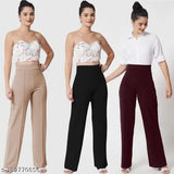 Classic Ladies' cotton blend solid color high-rise bellbottom trouser pants combo, featuring 3 pieces in various sizes