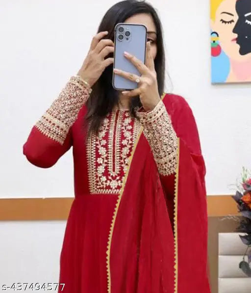 Georgette embroidery Anarkali gown with dupatta set, traditional Indian fashion for women (XXL: 44in bust, 53in length)