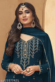 Deep blue embroidered suit with dupatta, embellished with intricate patterns