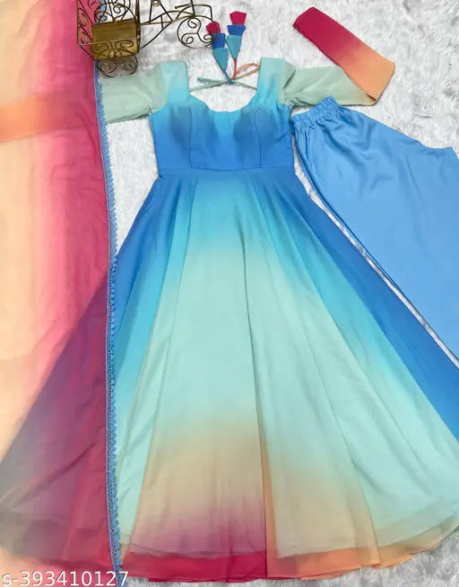 Pure soft fox georgette fully flair anarkali with dupatta set, trendy padding fabric and microscrape cotton lining for women's Indian wear, solid color, ready-to-wear (XS-XXL)
