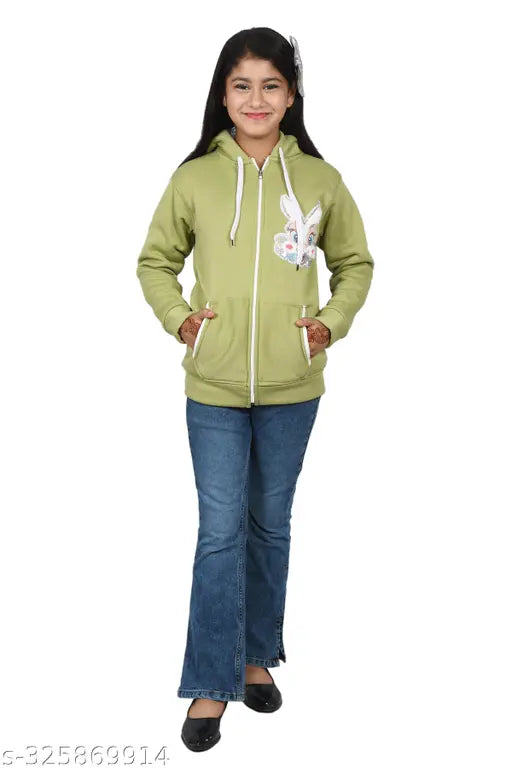 Trendy girls hooded wool sweatshirt, printed net design for kids aged 10-12 years, made in India
