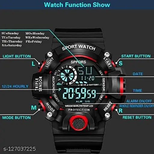 Sporty red and black watch with digital display