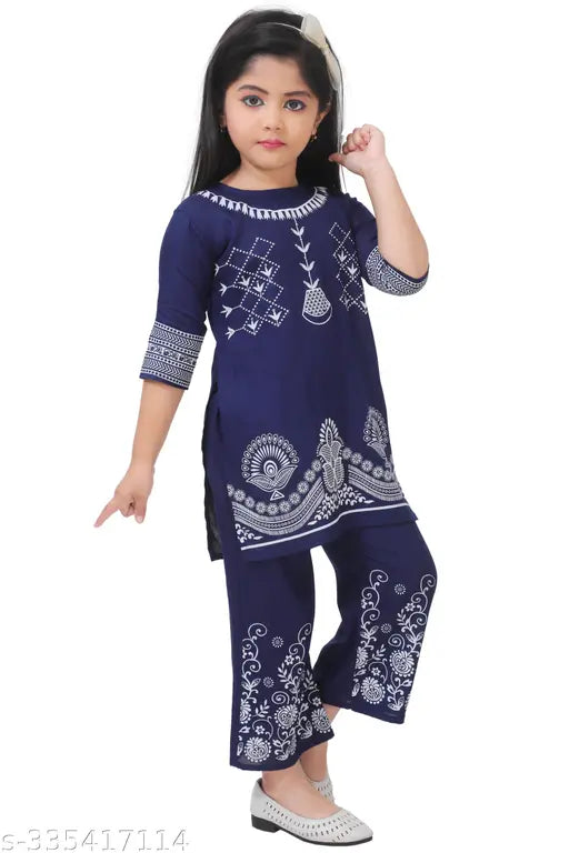 Kids rayon A-line palazzos kurta set with printed three-quarter sleeves, traditional Indian festival wear for girls aged 1-2 to 8-9 years