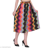 Multi-colored printed polyester calf length skirt with elasticated belt, vibrant and fashionable Indian women's wear
