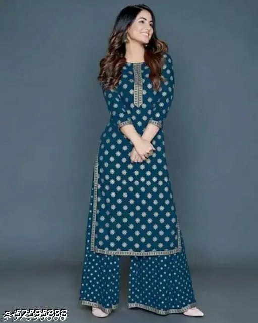 Printed rayon kurta and palazzo set for women, stunning traditional look from Kishori Kurtis, trendy, elegant, comfortable, lightweight, India origin