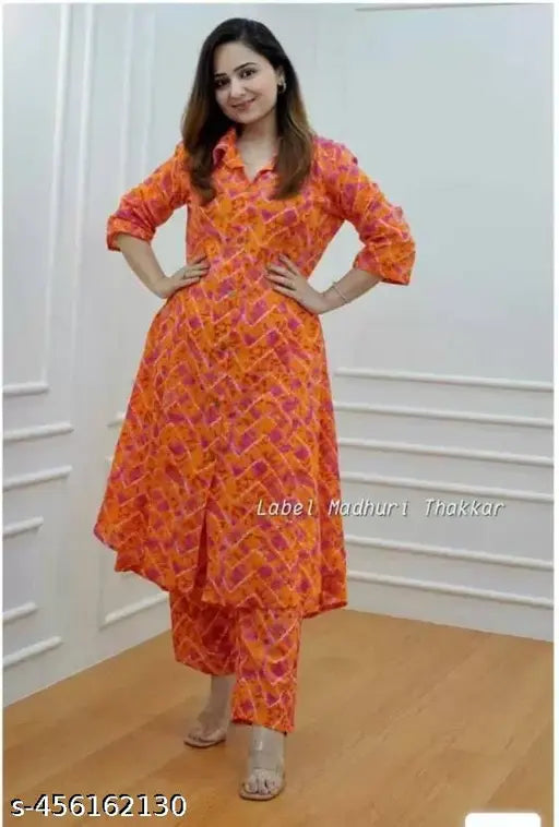 Orange Leheriya rayon A-line Kurta & Palazoo set, perfect for women and girls summer parties