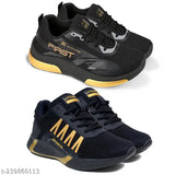 Two sports shoes for boys in black and yellow, with branding on a white background