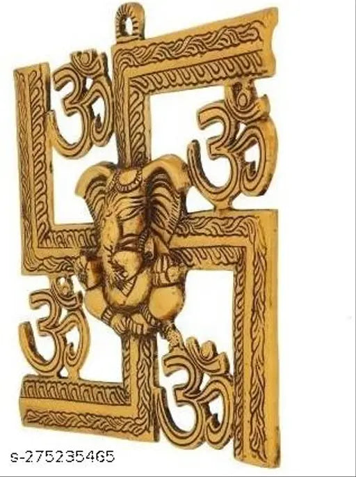 Metal gold Ganesha showpiece, intricate Om Swastik wall hanging decor (22.5cm x 22cm x 3cm) from India
