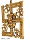 Metal gold Ganesha showpiece, intricate Om Swastik wall hanging decor (22.5cm x 22cm x 3cm) from India