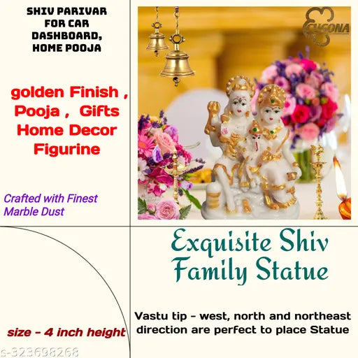 Marble dust Shiva Parvati Ganesh Idol, handcrafted polyresin statue, size 7cm x 10cm x 5cm for home puja or showpiece