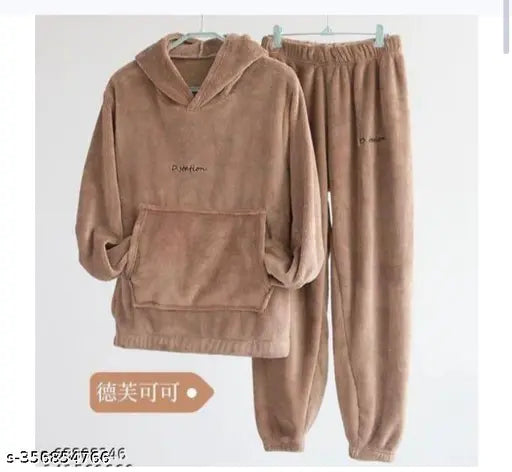 Wool women's hoodie-night-suit in Matti color - Solid pattern, long sleeves, XL size from India