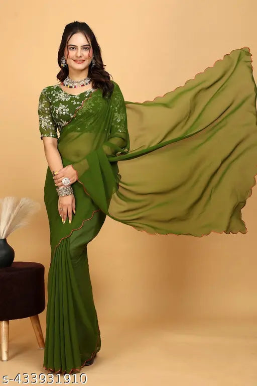 Indian georgette saree in solid embroidered net, free size (5.5m, 0.8m)