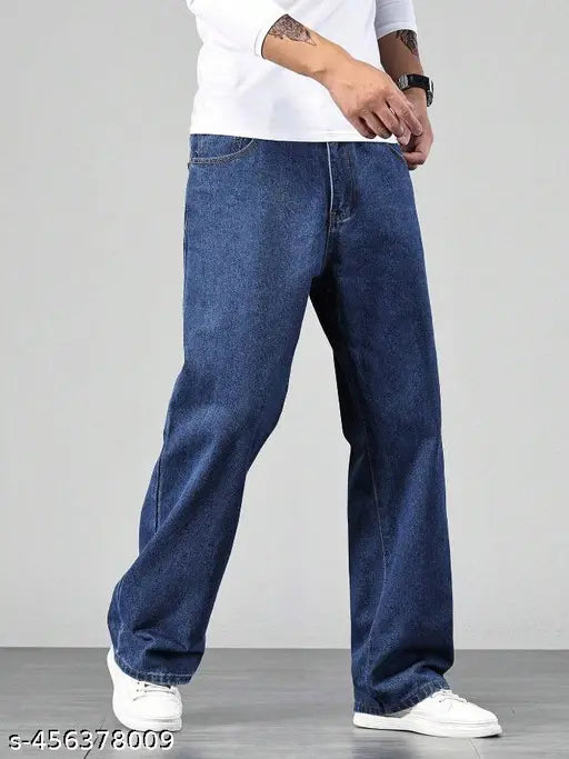 Men's loose-fit denim oversized jeans, solid pattern, casual bottoms, baggy carpenter style, vintage-inspired, utility denim, India-made (size 28, 30, 32, 34)
