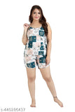 White satin nightsuit set: printed spaghetti top with sleeveless design and flowy shorts featuring side pockets, India origin