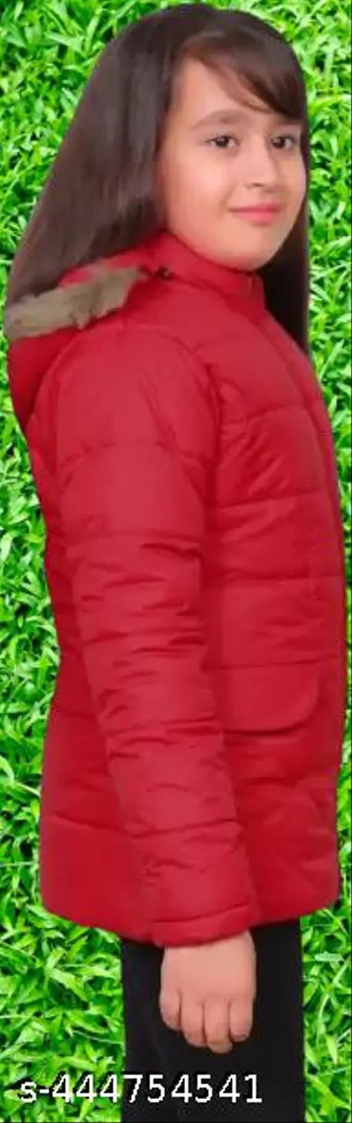 Red jacket with hood, black trim