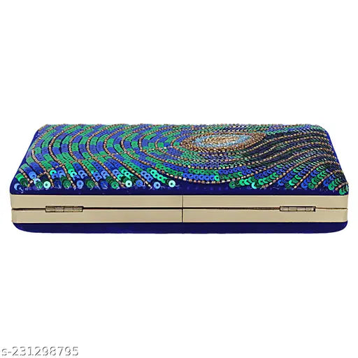 Modern blue clutch with intricate embroidery, zip closure