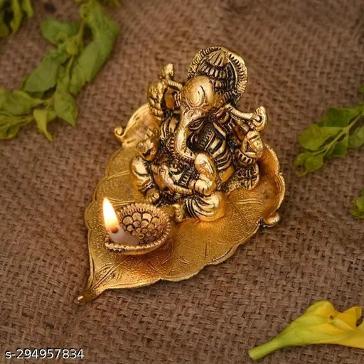 Metal hand-crafted Lord Ganesha statue with diya, 9cm x 5cm x 12cm (LxWxH), Indian decorative gift for home or office