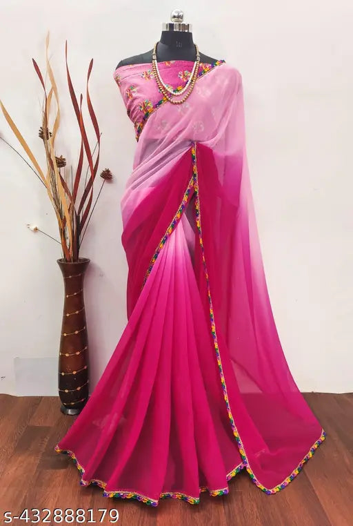 Pink chiffon saree with embroidered border and pallu
