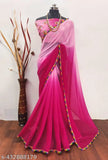 Pink chiffon saree with embroidered border and pallu