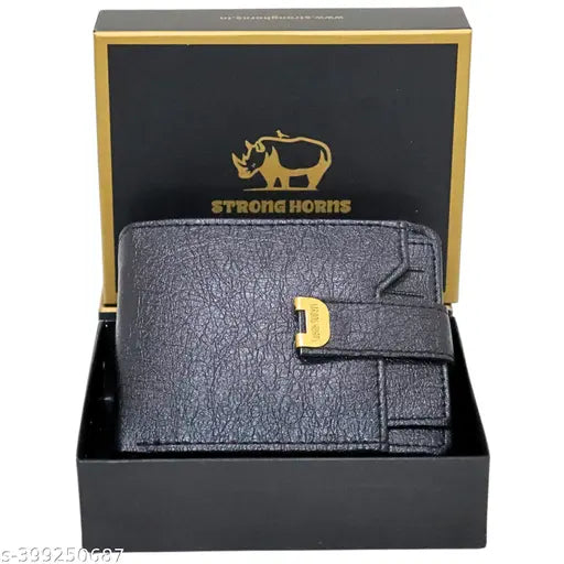Black artificial leather RFID wallet, 10 card slots, meticulously crafted for modern men. High-quality faux leather, extra card holder, sleek design, refined style, premium metal logo