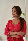 Embroidered rayon Anarkali kurti in various sizes (S-36, M-38, L-40, XL-42, XXL-44, 3XL-46, 4XL-48, 5XL-50), Indian handcrafted fashion for women with three-quarter sleeves and printed pattern
