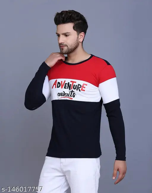 Red color block printed men's round neck full sleeve cotton blend t-shirt (SL0022R). Stylish, biowashed, and confidently fitting