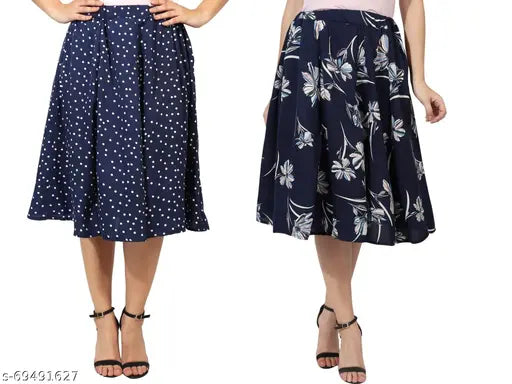 Women's navy blue polyester skirt with white floral print, mid-calf length, short hem