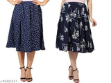 Women's navy blue polyester skirt with white floral print, mid-calf length, short hem
