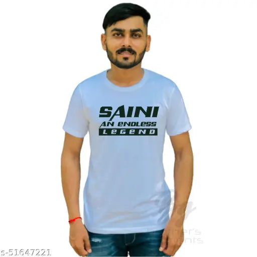 Fancy retro men's polyester t-shirt with short sleeves and printed pattern, featuring "Saini An Endless Legend" design. Made in India. (124 characters)