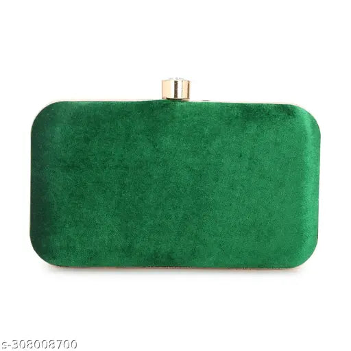 This is an image of a green velvet clutch purse. It has a visible metallic closure and appears to be designed in a stylized manner that suggests it is meant for formal occasions such as parties or weddings