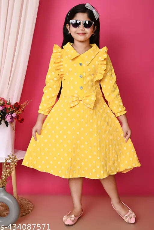 Yellow cotton midi-length party dress with full sleeves and collars, calf length